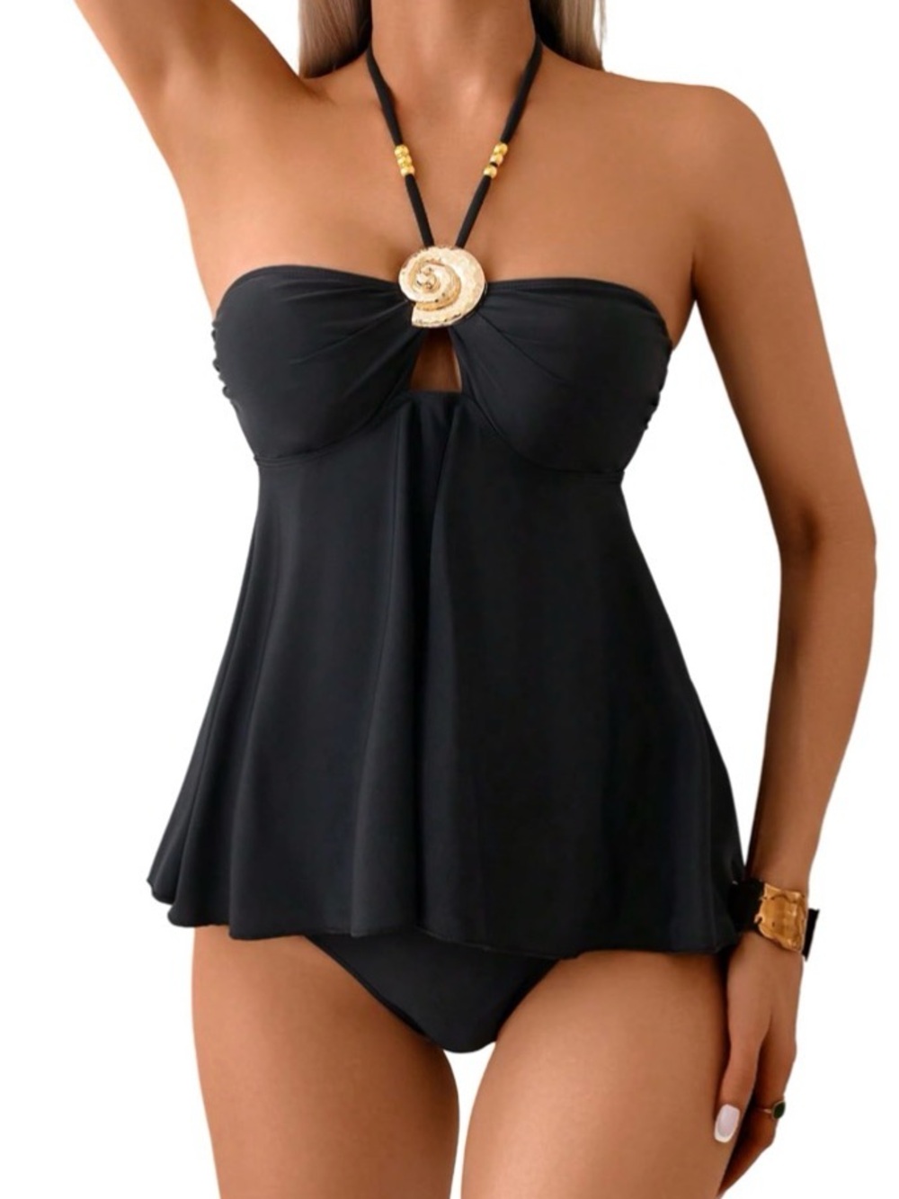 Black Halter Tankini Two-Piece Swimsuit Seashell Gold Detail Peplum Size XL